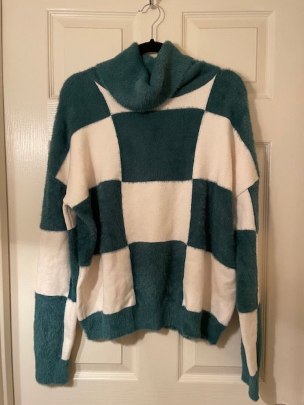 KUT From The Kloth Ivory Teal Checkered Cowl Neck Sweater Large NWT